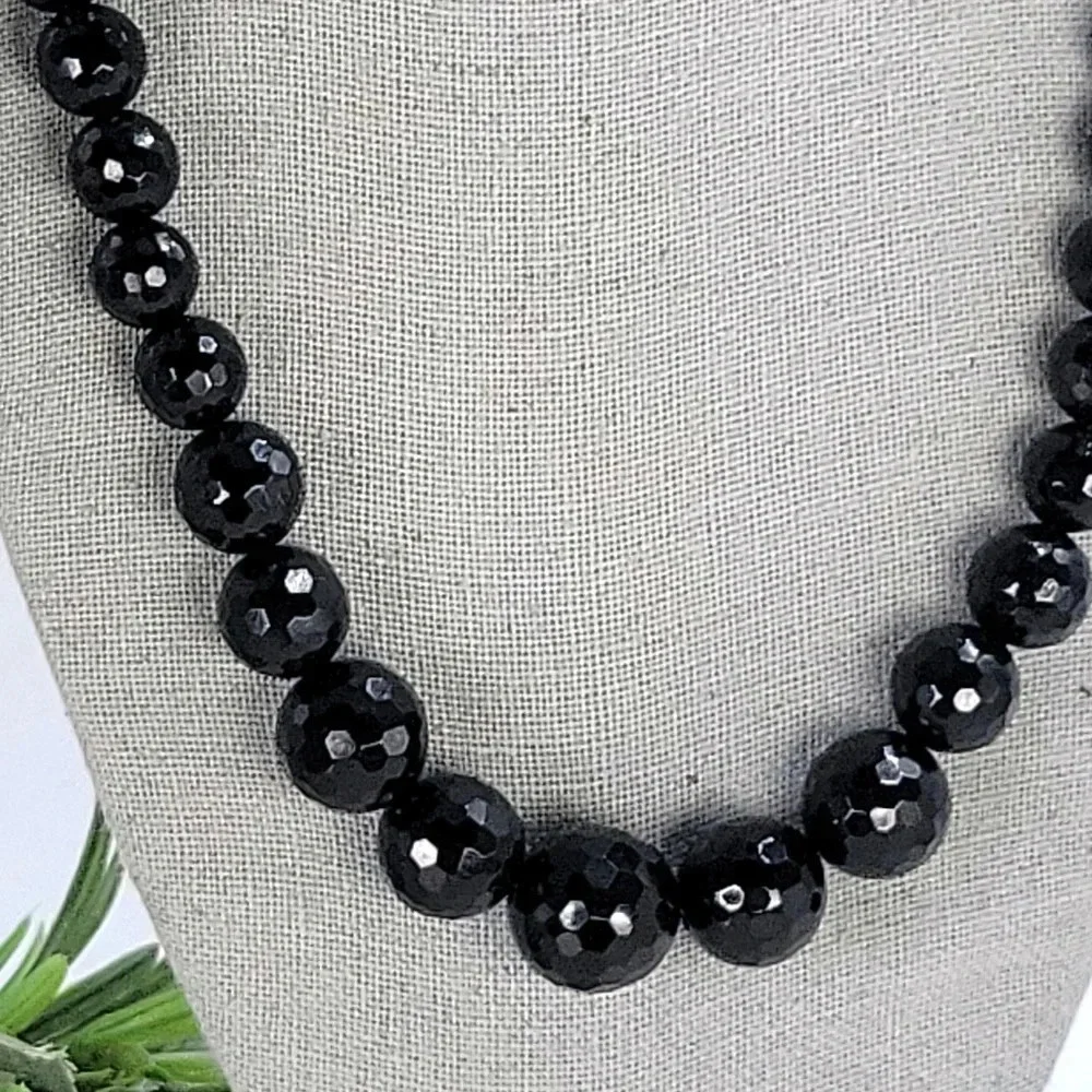 Vintage Black Glass Bead Necklace Faceted Sparkle 18